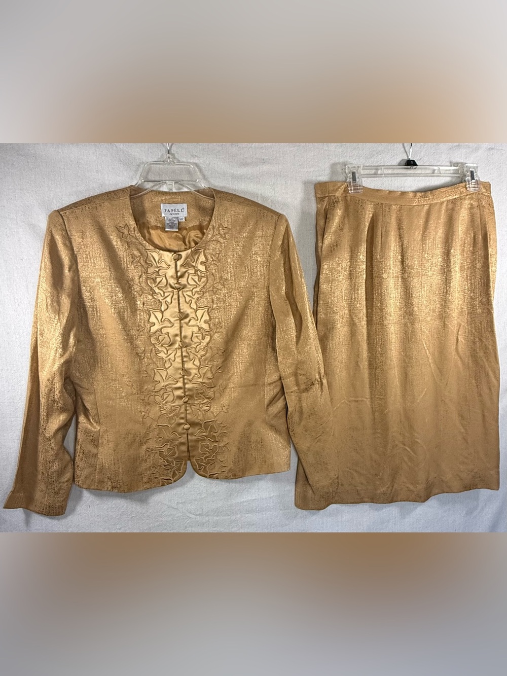 Vintage Papell Petites 100% Silk Skirt Suit Gold Embroidered Leaf Formal 14P